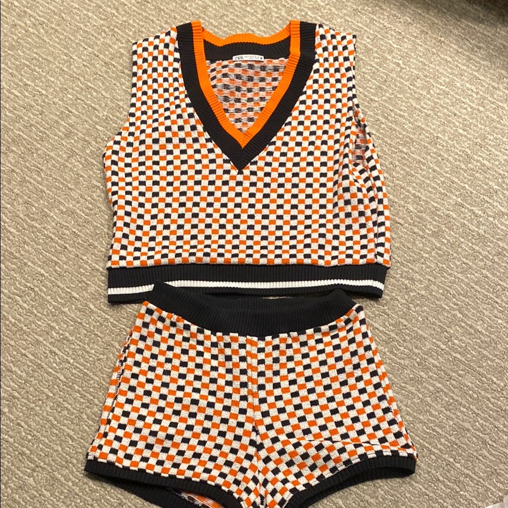 Zara Checkered knit Set - Orange and black